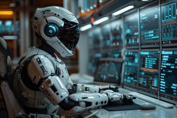 Fototapeta premium A futuristic robot attentively analyzes data at a high-tech workstation, surrounded by screens filled with vibrant data displays, emphasizing technology and precision in a modern environment.