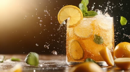 A refreshing citrus drink infused with mint and topped with lemon slices, showcasing a vibrant mix of flavors and a playful splash of water for a delightful appearance.