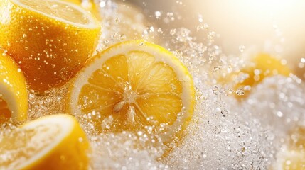 The image captures vibrant lemons being splashed with water, showcasing their bright yellow color and juicy texture, evoking feelings of freshness and vitality.