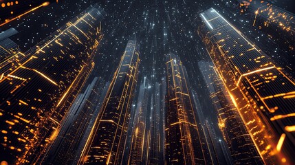 Obraz premium A modern cityscape at night, sleek skyscrapers outlined with glowing golden lines, Generate AI