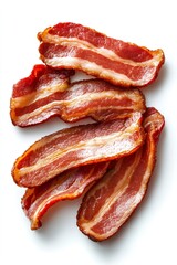 Delicious crispy bacon strips making mouth water on white background
