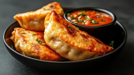 Three golden-brown dumplings are served in a black bowl, alongside a vibrant red dipping sauce, creating a tempting visual contrast that stimulates appetite and taste.