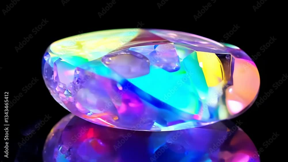 Poster a colorful gemstone with a rainbow pattern. it is sitting on a black surface. the gemstone is large 