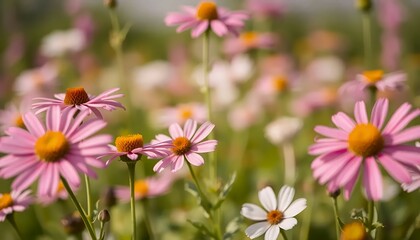 pink daisies blooming in a sunlit wildflower meadow