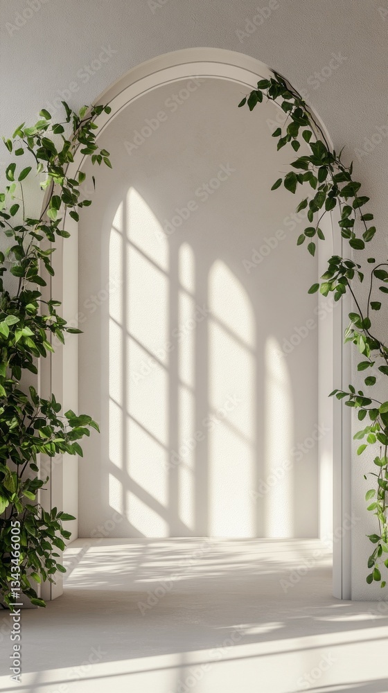 Poster sunlight filters through a stunning archway, illuminating a serene space filled with lush greenery. 