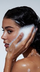 A young woman is captured mid-shower, delicately massaging her scalp as rich foam envelops her dark hair. Sunlight highlights her radiant skin, creating a serene atmosphere
