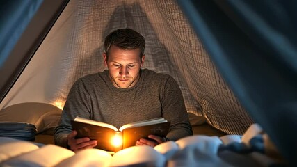 A father and son enjoying storytime in a blanket fort - Powered by Adobe