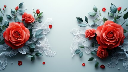 Red roses, lace, leaves, grey background, wedding invitation design