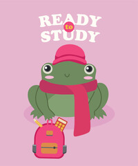 Flat Design Ready To Study Illustration with  Lazy Frog Holding School Bag