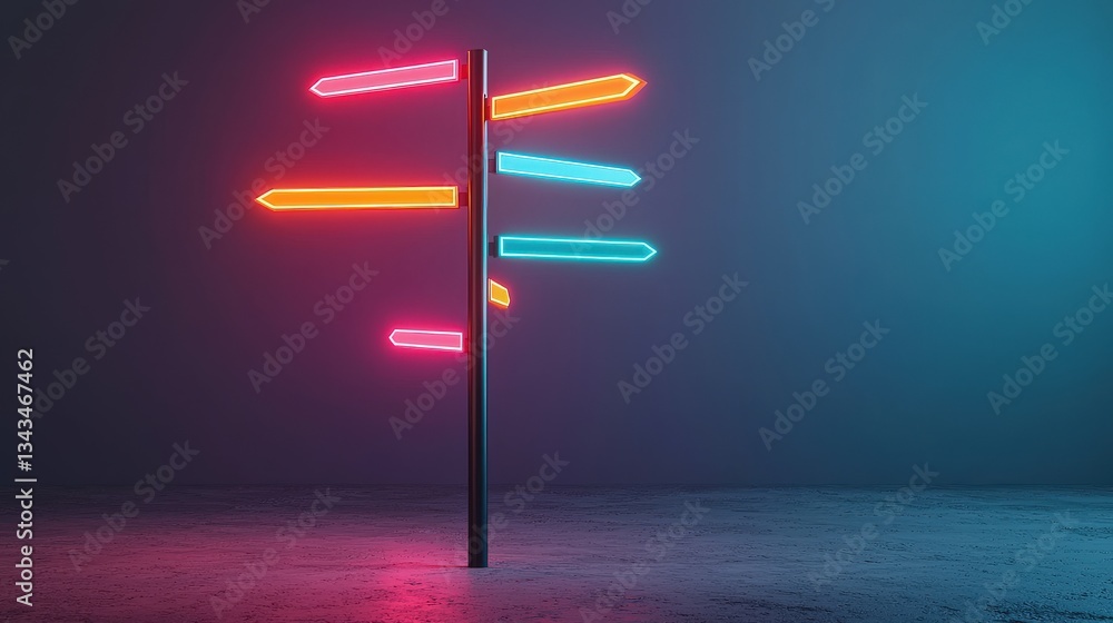 Poster create opportunities vision goal-setting concept. neon signpost with colorful arrows against a dark 