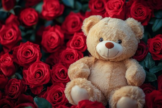 Adorable plush teddy bear surrounded by red roses for a romantic valentine s day gift idea - Powered by Adobe