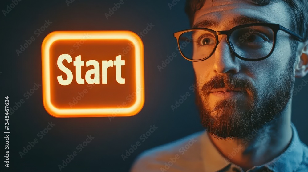 Poster create opportunities vision goal-setting concept. man contemplating with a glowing 