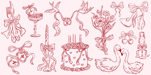 Wedding line art illustrations in doodle ink style. Dinner icons. Elegant just married party hand drawn elements. Casual vintage drawings for invitations, cards, greetings.  Save the date