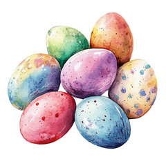 A Watercolor Colored Eggs with red ribbon on traditional plate Front View. Traditional Persian New Year Hyacinth, isolated on a white background. Nowruz vector design set, colored egg