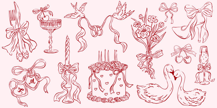 Wedding line art illustrations in doodle ink style. Dinner icons. Elegant just married party hand drawn elements. Casual vintage drawings for invitations, cards, greetings.  Save the date