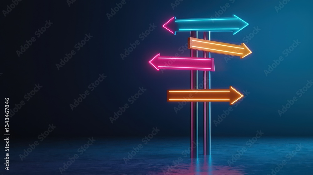 Poster create opportunities vision goal-setting concept. neon directional arrows on a reflective surface in
