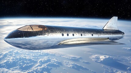 Obraz premium A futuristic spacecraft flies above the planet earth in space