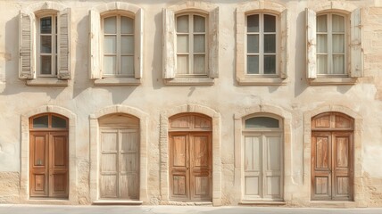Obraz premium Weathered Wooden Doors and Windows on Cream Building Facade