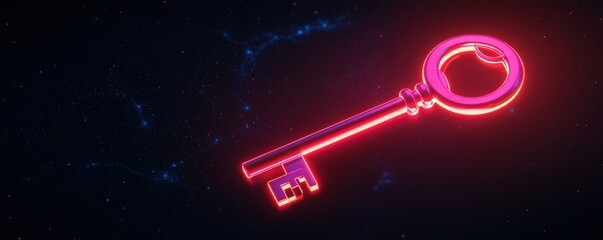 Obraz premium Create Opportunities vision goal-setting concept. Neon key glowing against a cosmic background.