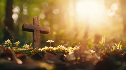 Wooden Cross in Sunlit Forest Surrounded by Nature's Beauty