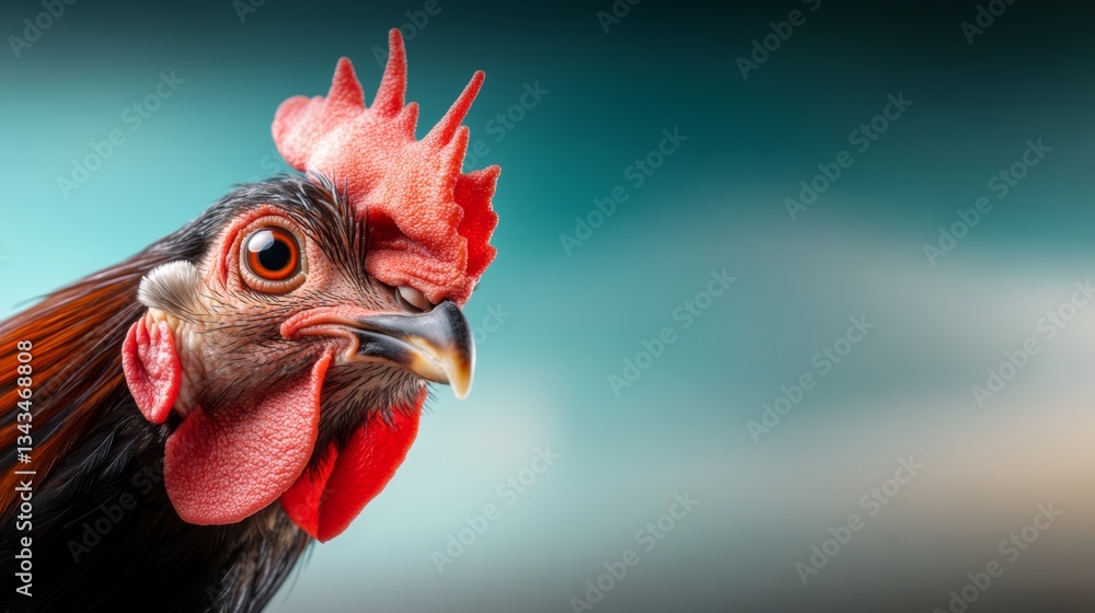 Poster rooster with a red beak and red comb is staring at the camera. the image has a playful and lighthear