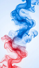 Abstract swirling red and blue smoke plumes on a light background