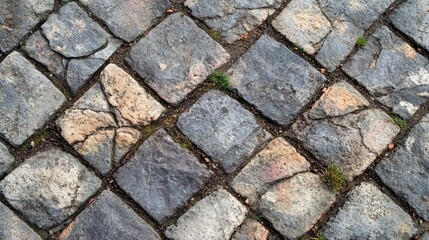Obraz premium A close overhead view of cobblestone paving with small weeds