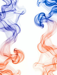 Abstract swirls of blue and orange smoke against a white background