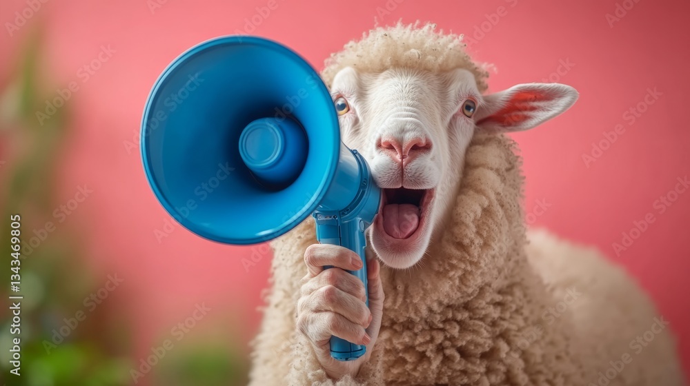 Poster sheep is holding a microphone and making a loud noise. the sheep is wearing a blue microphone and is