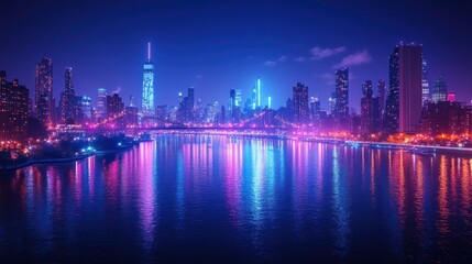 Fototapeta premium Night cityscape, vibrant lights reflecting on water, New York City skyline, dramatic colors