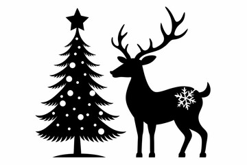 reindeer christmas tree line art silhouette vector illustration