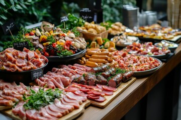 Obraz premium Exquisite culinary platter featuring meats, sausages, and snacks at a wedding or corporate event