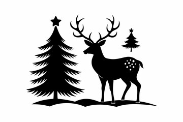 reindeer christmas tree line art silhouette vector illustration