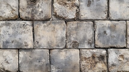 A close up view shows a weathered stone block wall