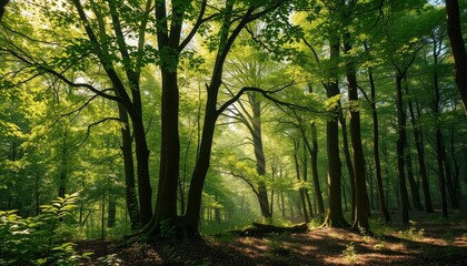 Fototapeta premium Sunbeams Illuminating a Lush Green Forest Canopy, Creating a Serene and Tranquil Atmosphere