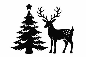 reindeer christmas tree line art silhouette vector illustration