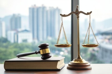 Wooden gavel and golden scales of justice on law book with city view in background   legal concept