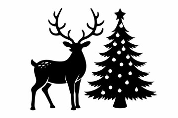 reindeer christmas tree line art silhouette vector illustration