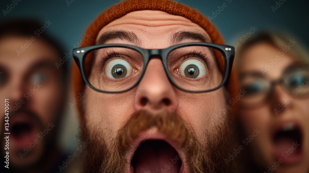 Poster man with glasses and a beard is looking at the camera with wide eyes. the other two people in the im