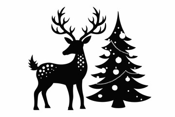 reindeer christmas tree line art silhouette vector illustration
