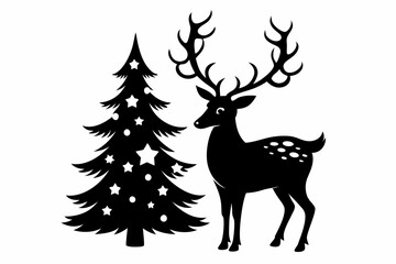reindeer christmas tree line art silhouette vector illustration