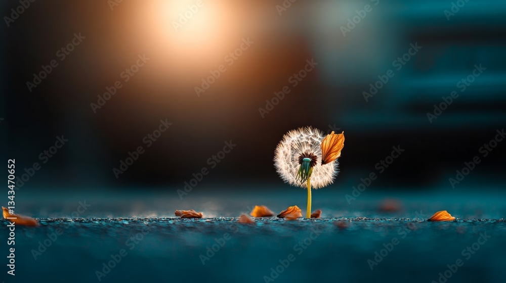 Poster dandelion is the main focus of the image, with a leaf on top of it. the dandelion is surrounded by f