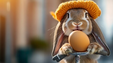 Fototapeta premium Rabbit is riding a bicycle with a yellow hat on its head and holding an egg in its mouth