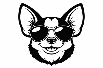 smile chihuahua head with sunglasses line art silhouette vector illustration