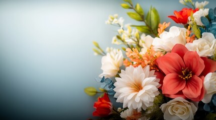 Fototapeta premium Bouquet of flowers with a blue background. The flowers are red and white. The flowers are arranged in a way that they are not overlapping each other