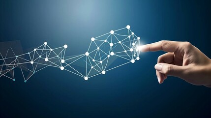 A hand interacts with a glowing digital network of connected nodes, symbolizing technology, innovation, and data connectivity on a futuristic blue background.