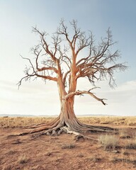 A solitary, twisted, leafless tree stands in a dry, arid landscape under a clear sky, symbolizing resilience and time.