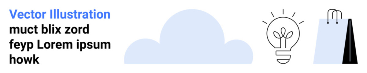 Cloud in soft blue next to a glowing light bulb and minimal black geometry. Ideal for technology, innovation, creativity, simplicity, brainstorming, education concepts, simple landing page