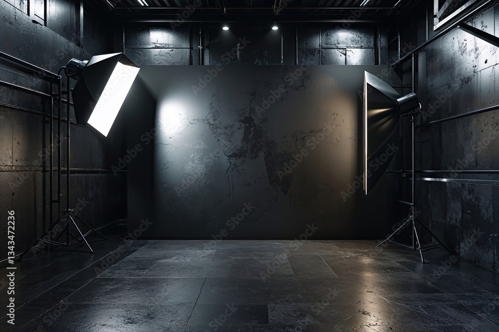 Poster elegant black background with metallic texture and illuminated space for creative display and 3d pre