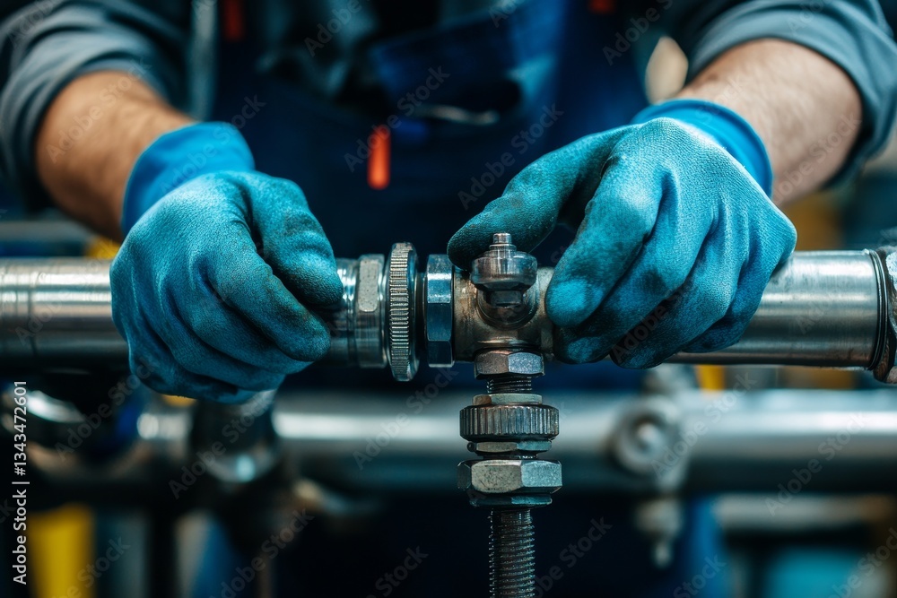 Poster plumber fixing water pipe with worker in blue gloves in factory setting for website banner